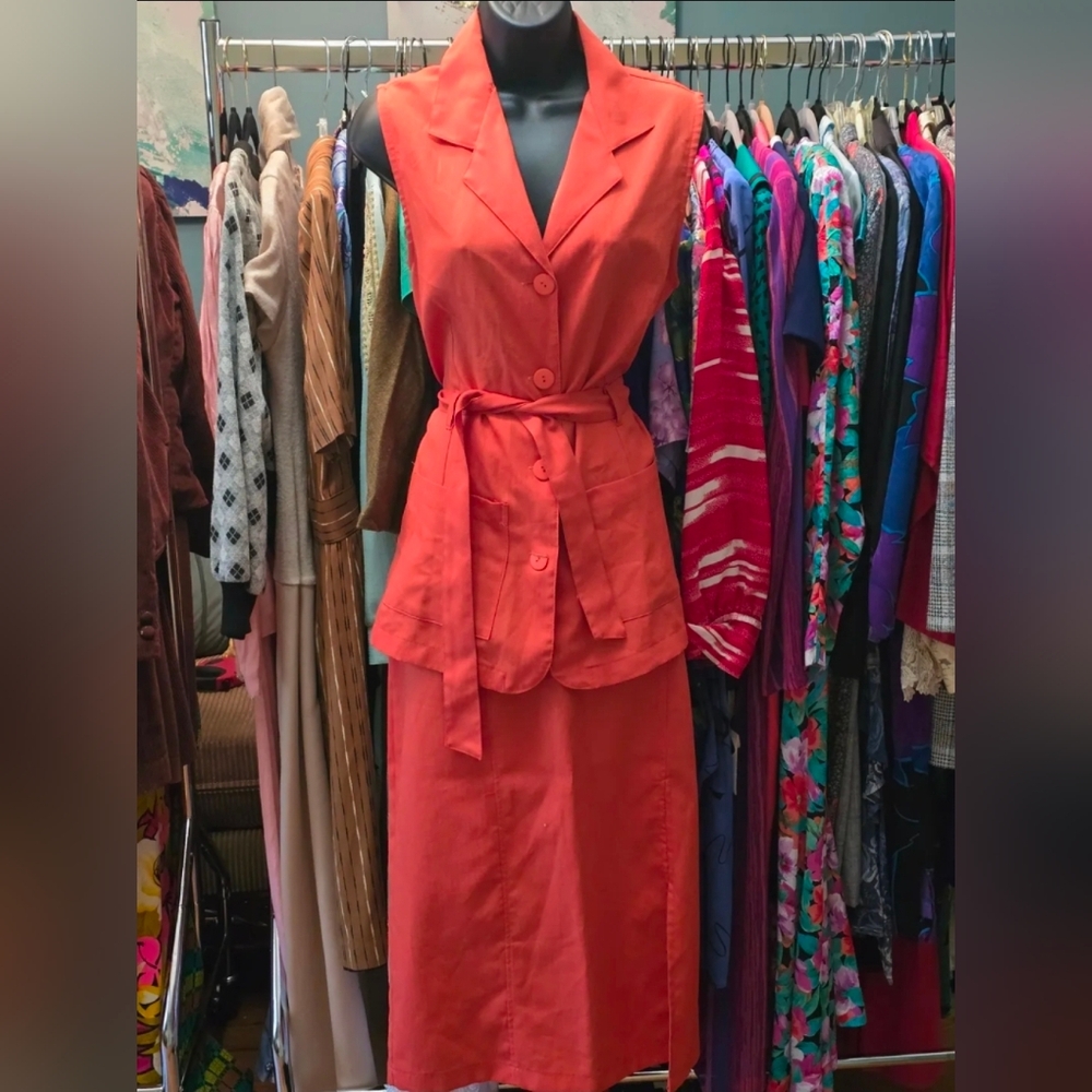 80's  OpC Fashion Sleeveless Coral Buttoned Vest & Skirt Set
